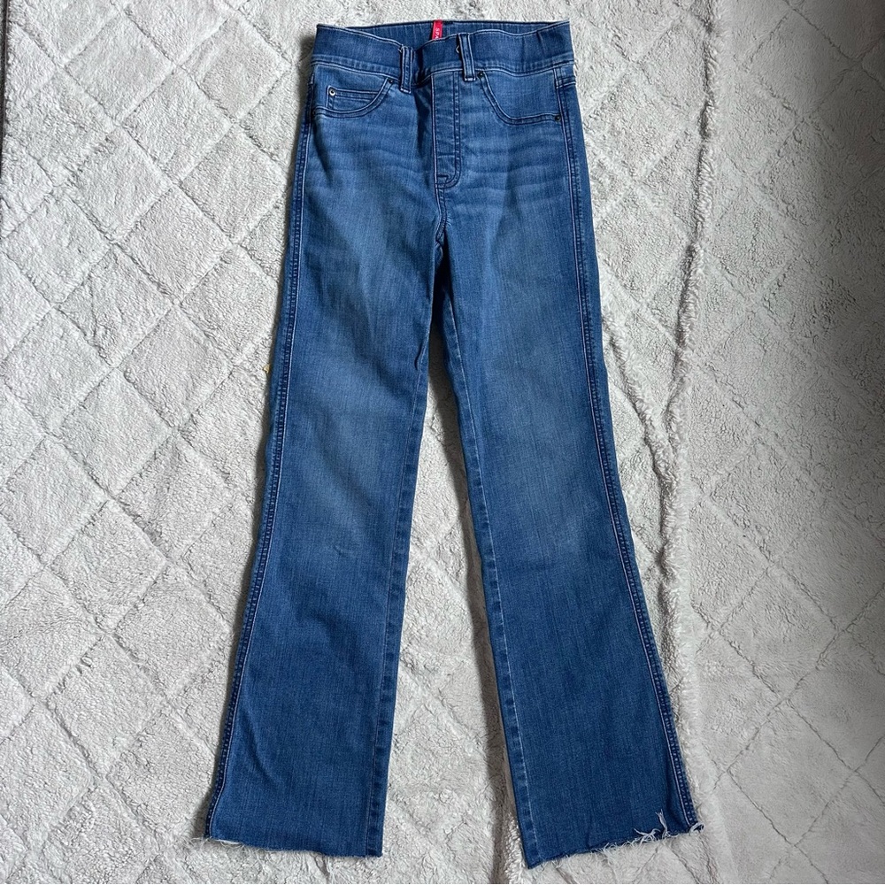 Spanx | Blue Denim Raw Hem Kick Flare Jeans | Size Extra Small Tall